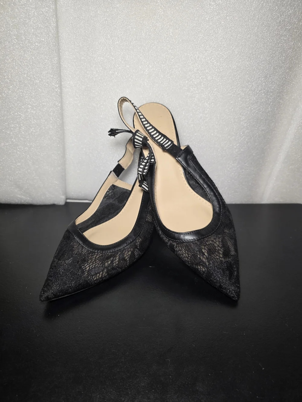 Black Lace Pointed Slingback Flats with Bow Accent